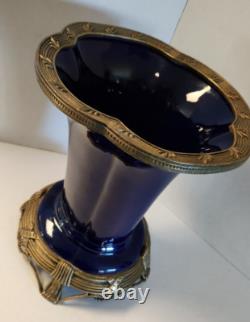 Antique Art Deco Cobalt Dark Blue Glass Porcelain Vase on Brass Stand Heavy