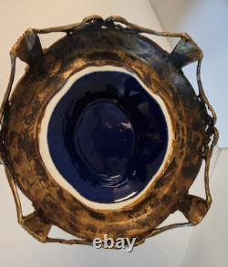 Antique Art Deco Cobalt Dark Blue Glass Porcelain Vase on Brass Stand Heavy