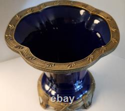 Antique Art Deco Cobalt Dark Blue Glass Porcelain Vase on Brass Stand Heavy