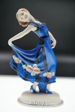 Antique Art Deco Dancing Lady Painted Flowers Pretty Japan Porcelain