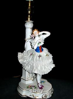 Antique Art Deco Dresden Lace Lady Ballerina Dancer Porcelain Lamp Figurine