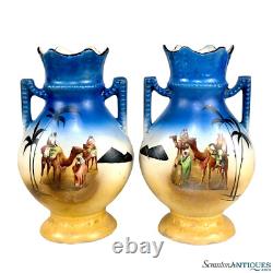 Antique Art Deco Egyptian Desert Porcelain Urn Vase A Pair