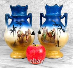 Antique Art Deco Egyptian Desert Porcelain Urn Vase A Pair