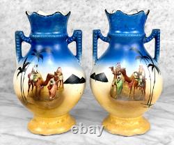Antique Art Deco Egyptian Desert Porcelain Urn Vase A Pair