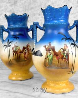 Antique Art Deco Egyptian Desert Porcelain Urn Vase A Pair