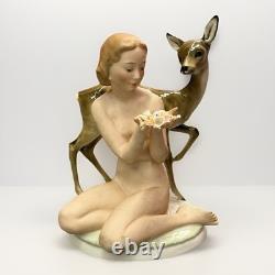 Antique Art Deco Hutschenreuther Nude Girl with Young Deer Porcelain Figurine