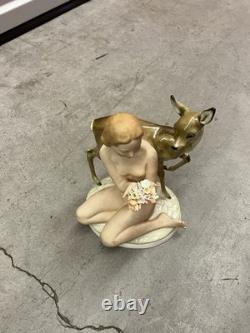 Antique Art Deco Hutschenreuther Nude Girl with Young Deer Porcelain Figurine