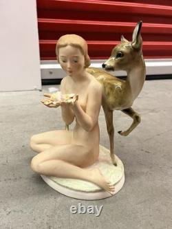 Antique Art Deco Hutschenreuther Nude Girl with Young Deer Porcelain Figurine