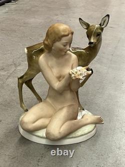 Antique Art Deco Hutschenreuther Nude Girl with Young Deer Porcelain Figurine