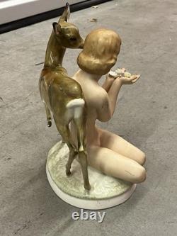 Antique Art Deco Hutschenreuther Nude Girl with Young Deer Porcelain Figurine