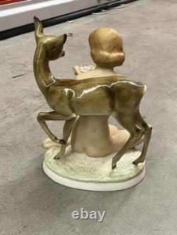 Antique Art Deco Hutschenreuther Nude Girl with Young Deer Porcelain Figurine