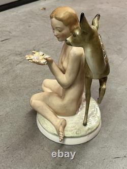 Antique Art Deco Hutschenreuther Nude Girl with Young Deer Porcelain Figurine