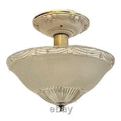 Antique Art Deco Porcelain Ceiling Flush light Fixture Glass Embossed Shade 11