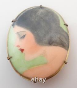 Antique Art Deco Porcelain Hand Painted Flapper Lady 2 1/8 Brooch Pin