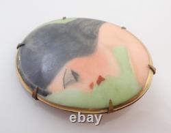 Antique Art Deco Porcelain Hand Painted Flapper Lady 2 1/8 Brooch Pin