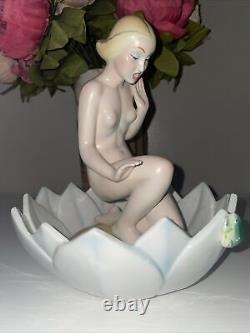 Antique Art Deco Ronzan Italian Ceramic Figurine Figure Nude Lady Woman & Frog