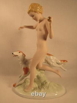 Antique Art Deco Royal Dux Bohemia Porcelain Statue Young Nude Female With Dog
