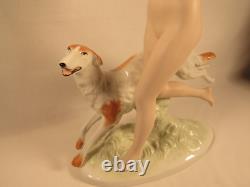 Antique Art Deco Royal Dux Bohemia Porcelain Statue Young Nude Female With Dog