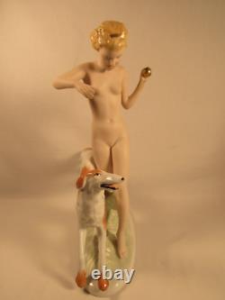 Antique Art Deco Royal Dux Bohemia Porcelain Statue Young Nude Female With Dog