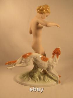 Antique Art Deco Royal Dux Bohemia Porcelain Statue Young Nude Female With Dog