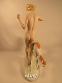 Antique Art Deco Royal Dux Bohemia Porcelain Statue Young Nude Female With Dog