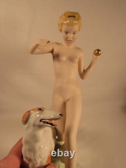 Antique Art Deco Royal Dux Bohemia Porcelain Statue Young Nude Female With Dog