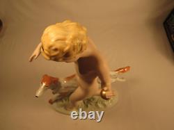 Antique Art Deco Royal Dux Bohemia Porcelain Statue Young Nude Female With Dog