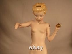 Antique Art Deco Royal Dux Bohemia Porcelain Statue Young Nude Female With Dog