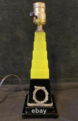 Antique Art Deco Vaseline Glass Table Lamp Yellow Uranium Skyscraper Porcelain