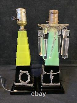 Antique Art Deco Vaseline Glass Table Lamp Yellow Uranium Skyscraper Porcelain