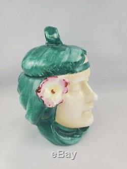 Antique Art Nouveau Lidded Humidor Jar Tobaco Head Majolica Figural 1900s Deco