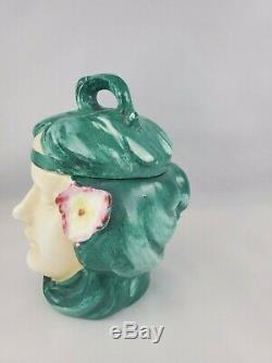 Antique Art Nouveau Lidded Humidor Jar Tobaco Head Majolica Figural 1900s Deco