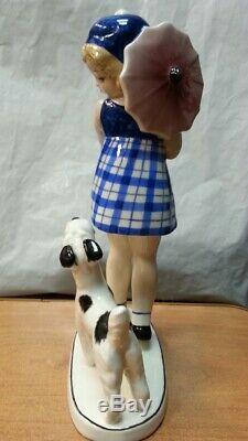 Antique Austrian Art Deco Goldscheider Porcelain Figurine Girl With Dog 30s