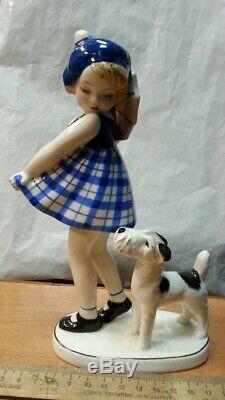 Antique Austrian Art Deco Goldscheider Porcelain Figurine Girl With Dog 30s