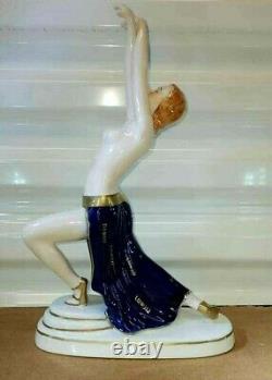 Antique Austrian Wien Art Deco Porcelain Figurine, Semi Nude Dancer, 12 H