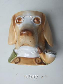 Antique Cigar Pipe Tobacco Holder German Porcelain Dog Head FigureMusterschutz