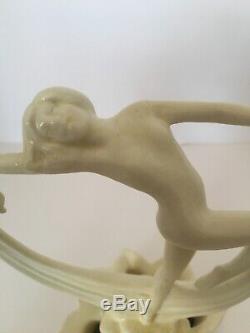 Antique Cowan Pottery Art Deco Nude Woman with Scarf Flower Frog 1900's