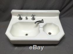 Antique Deco Cast Iron White Porcelain Double Basin Bath Wall Sink Vtg 310-20E