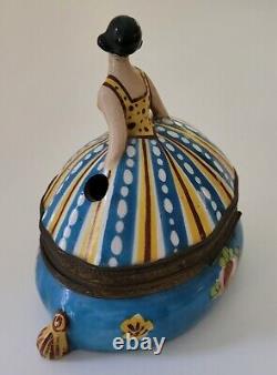 Antique France Art Deco French Porcelain Lidded Inkwell Pen Holder Lady Woman