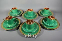 Antique French ART Deco Green Gold LIMOGES Porcelain Tea Cup Set with Plates 1930s