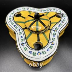 Antique French Porcelain Faience Encrier Inkwell Triangular Art Deco France Desk