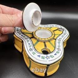 Antique French Porcelain Faience Encrier Inkwell Triangular Art Deco France Desk