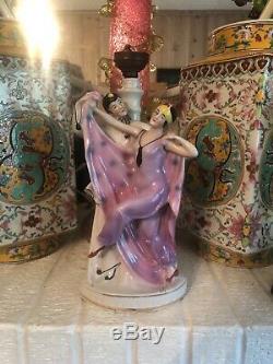 Antique German Art Deco Exotic Lady Dancer & Pierrot Porcelain Lamp Figurine