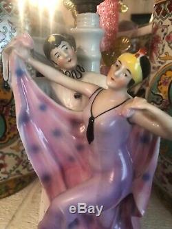 Antique German Art Deco Exotic Lady Dancer & Pierrot Porcelain Lamp Figurine