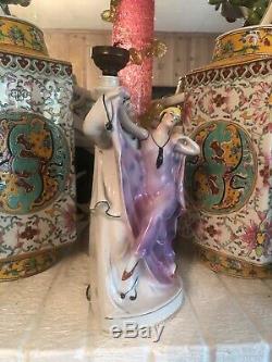 Antique German Art Deco Exotic Lady Dancer & Pierrot Porcelain Lamp Figurine