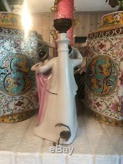 Antique German Art Deco Exotic Lady Dancer & Pierrot Porcelain Lamp Figurine
