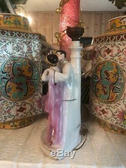 Antique German Art Deco Exotic Lady Dancer & Pierrot Porcelain Lamp Figurine