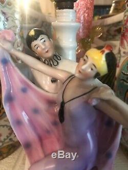 Antique German Art Deco Exotic Lady Dancer & Pierrot Porcelain Lamp Figurine