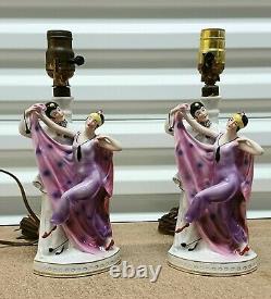 Antique German Art Deco Porcelain Figurine Table Lamps Couple, 12 high