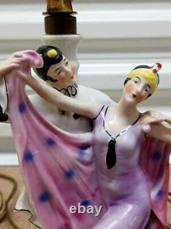 Antique German Art Deco Porcelain Figurine Table Lamps Couple, 12 high